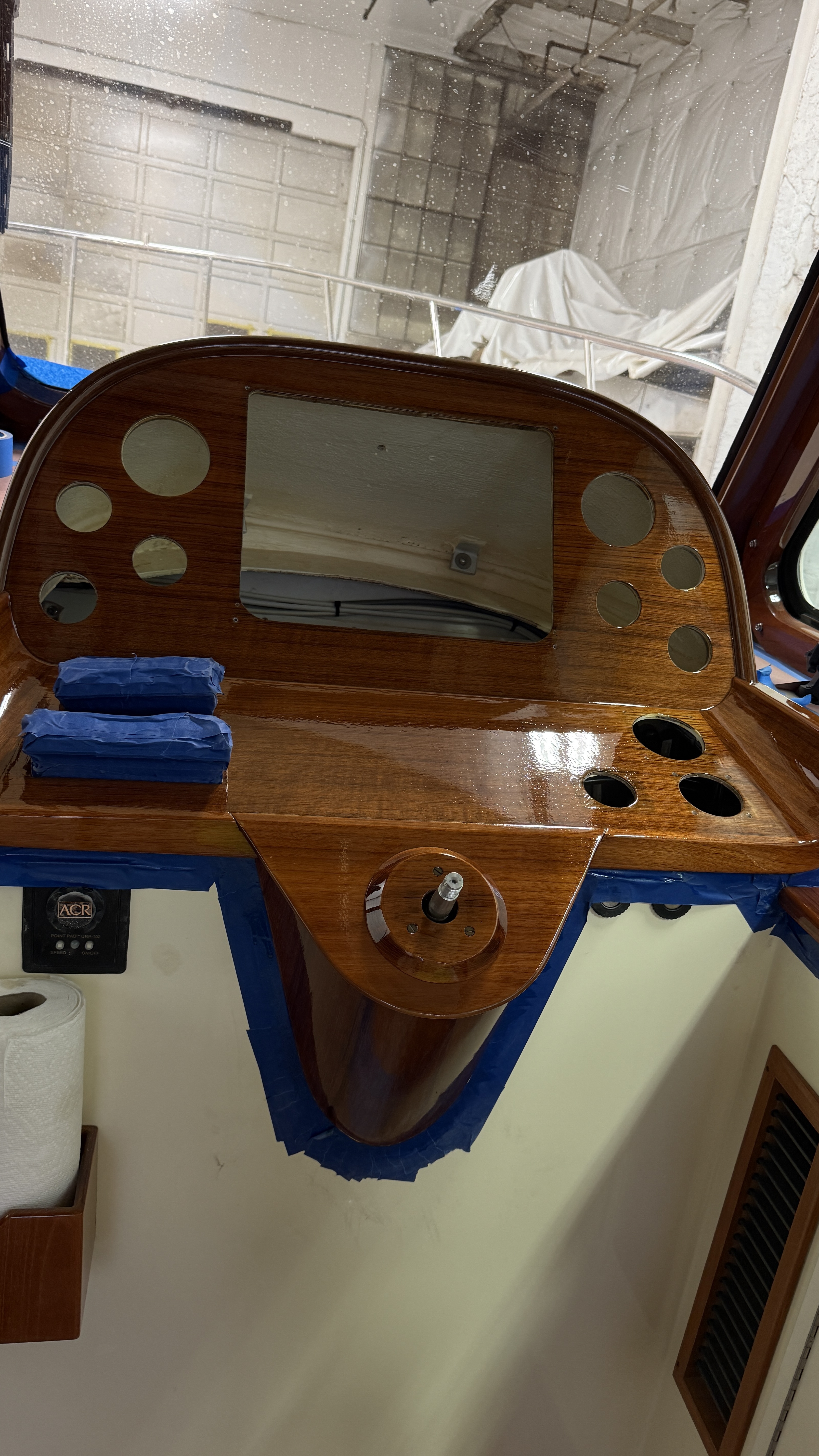 Freshly varnished dashboard brightwork