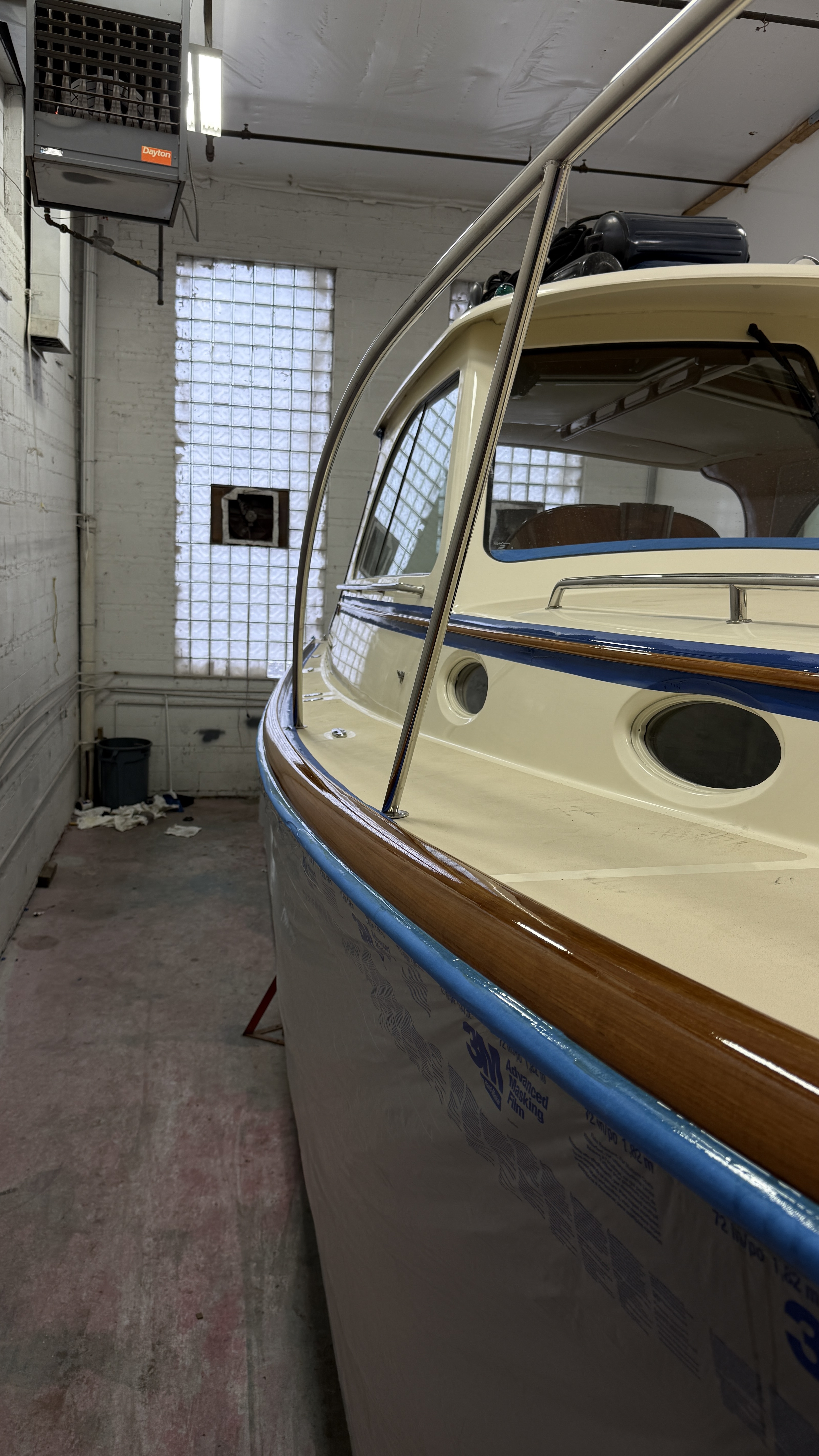 Exterior brightwork on bow